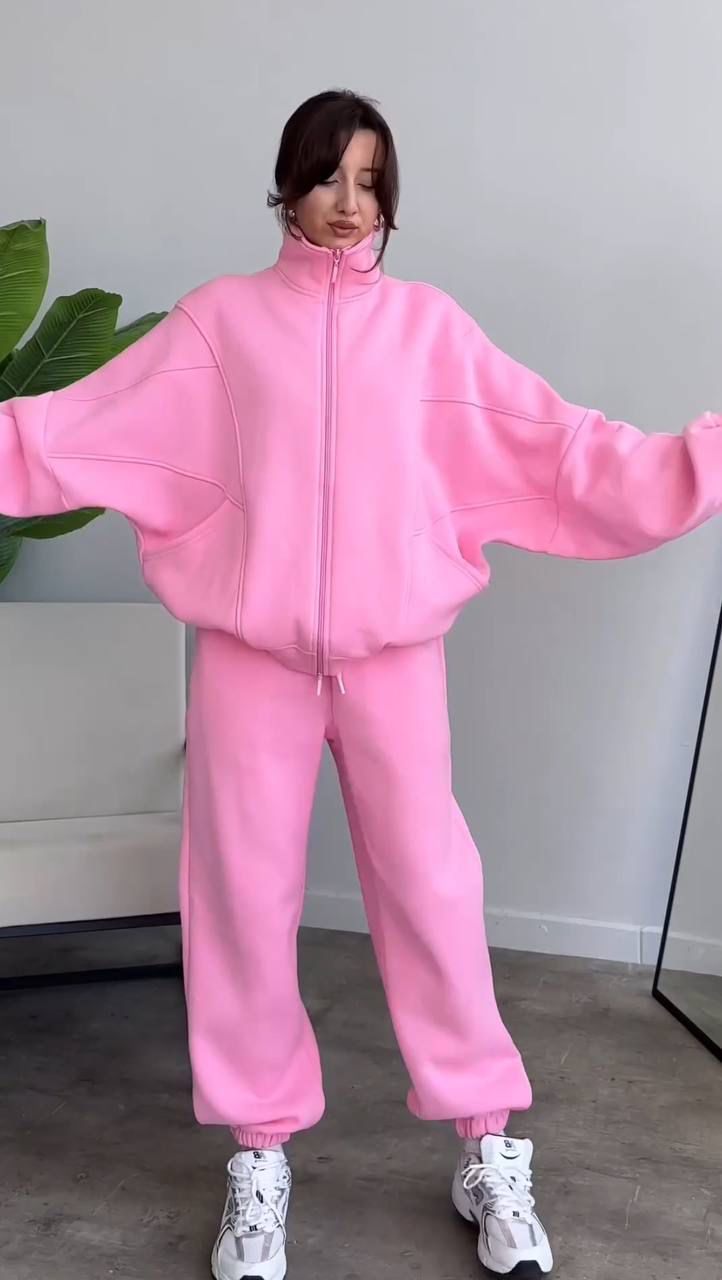 Oversized Pink Zip-Up Hoodie & Jogger Set