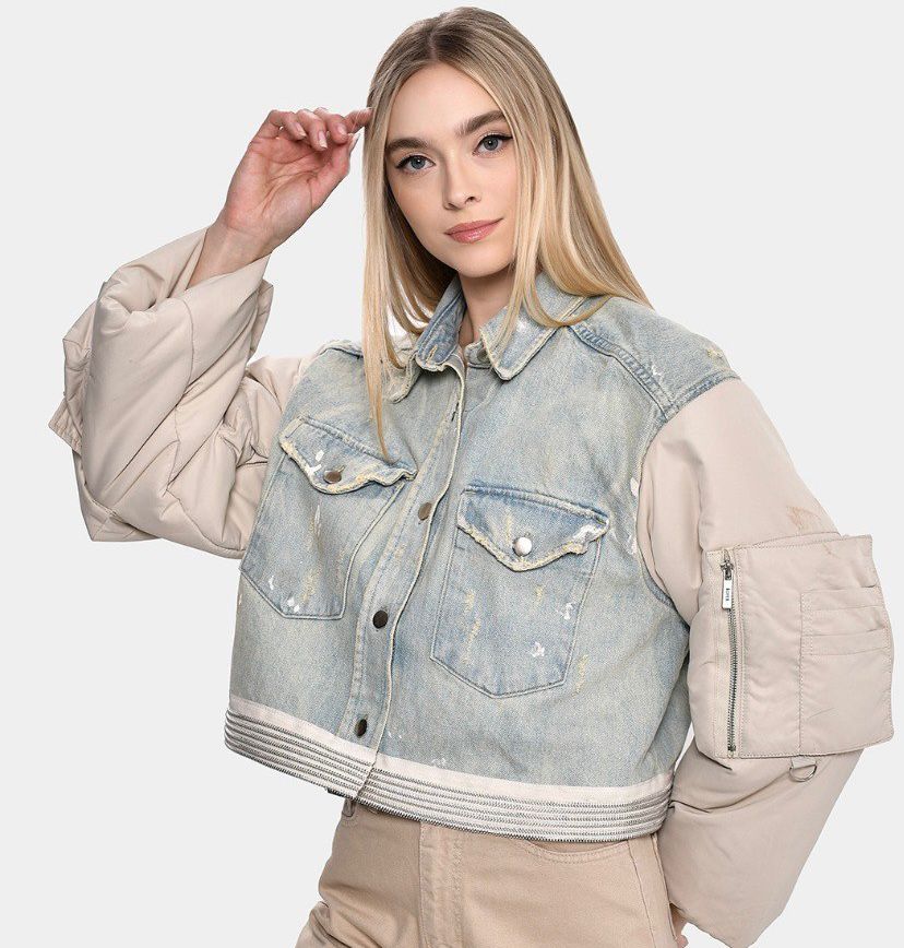 Two-Tone Denim Jacket & Distressed Beige Pants Set