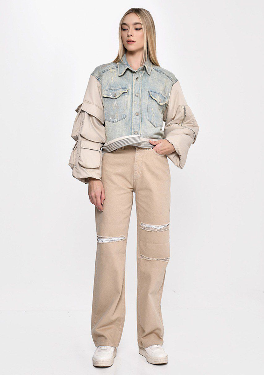 Two-Tone Denim Jacket & Distressed Beige Pants Set