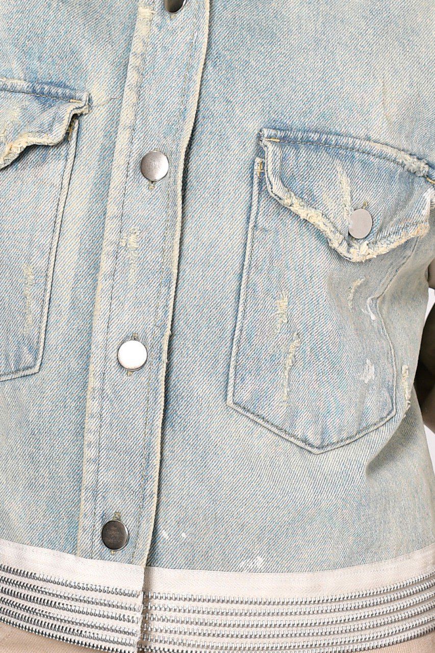 Two-Tone Denim Jacket & Distressed Beige Pants Set