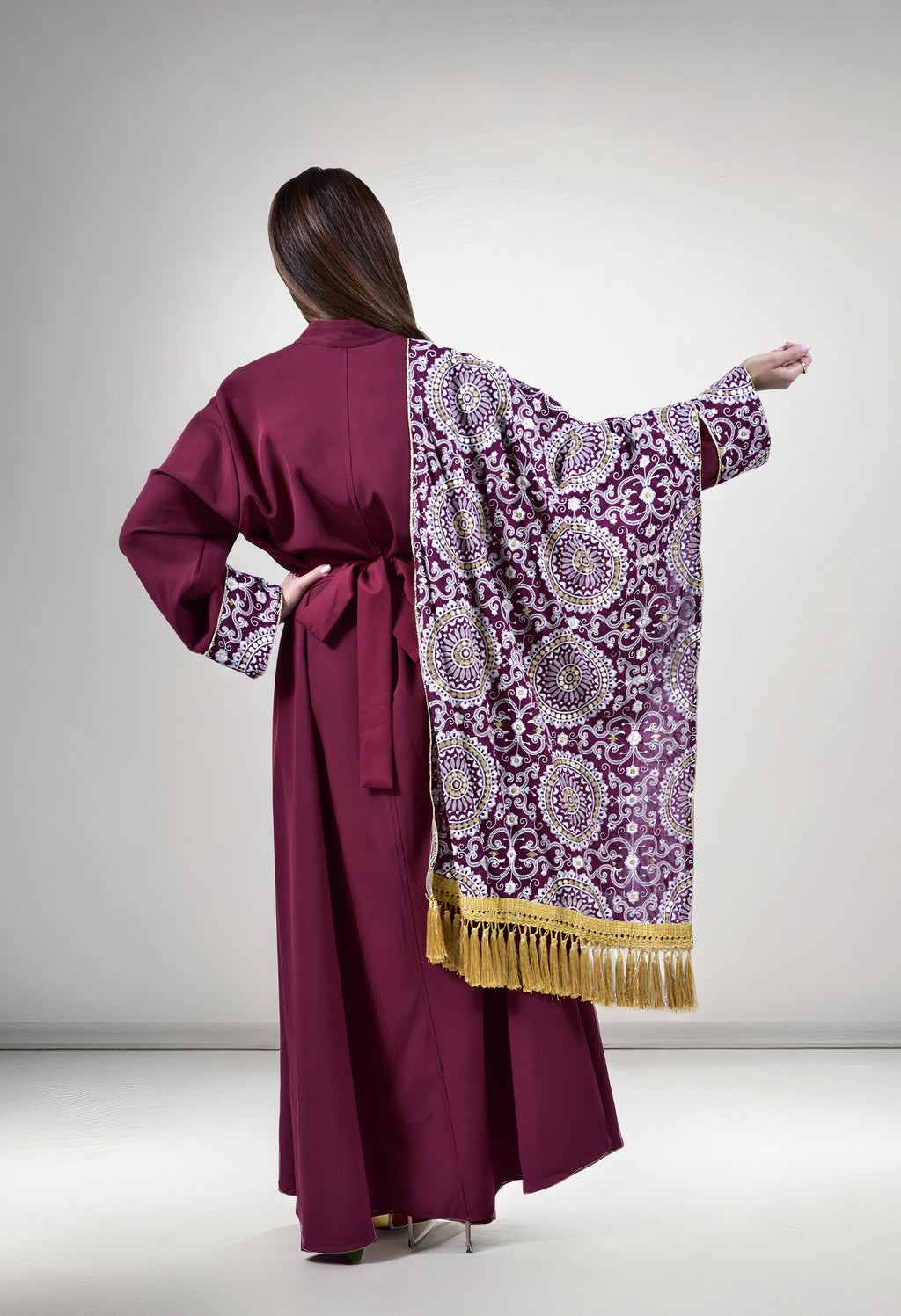 Maroon Majesty Kuwaiti Dress with Embroidered Shawl