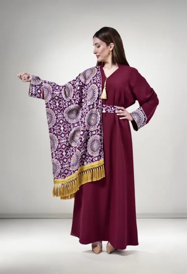 Maroon Kuwaiti Dress with Embroidered Shawl