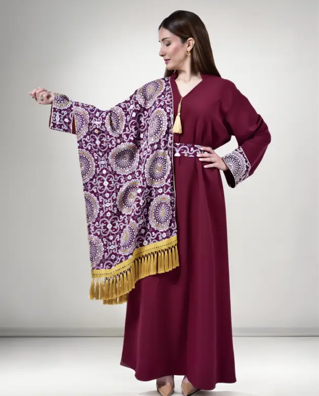 Maroon Kuwaiti Dress with Embroidered Shawl